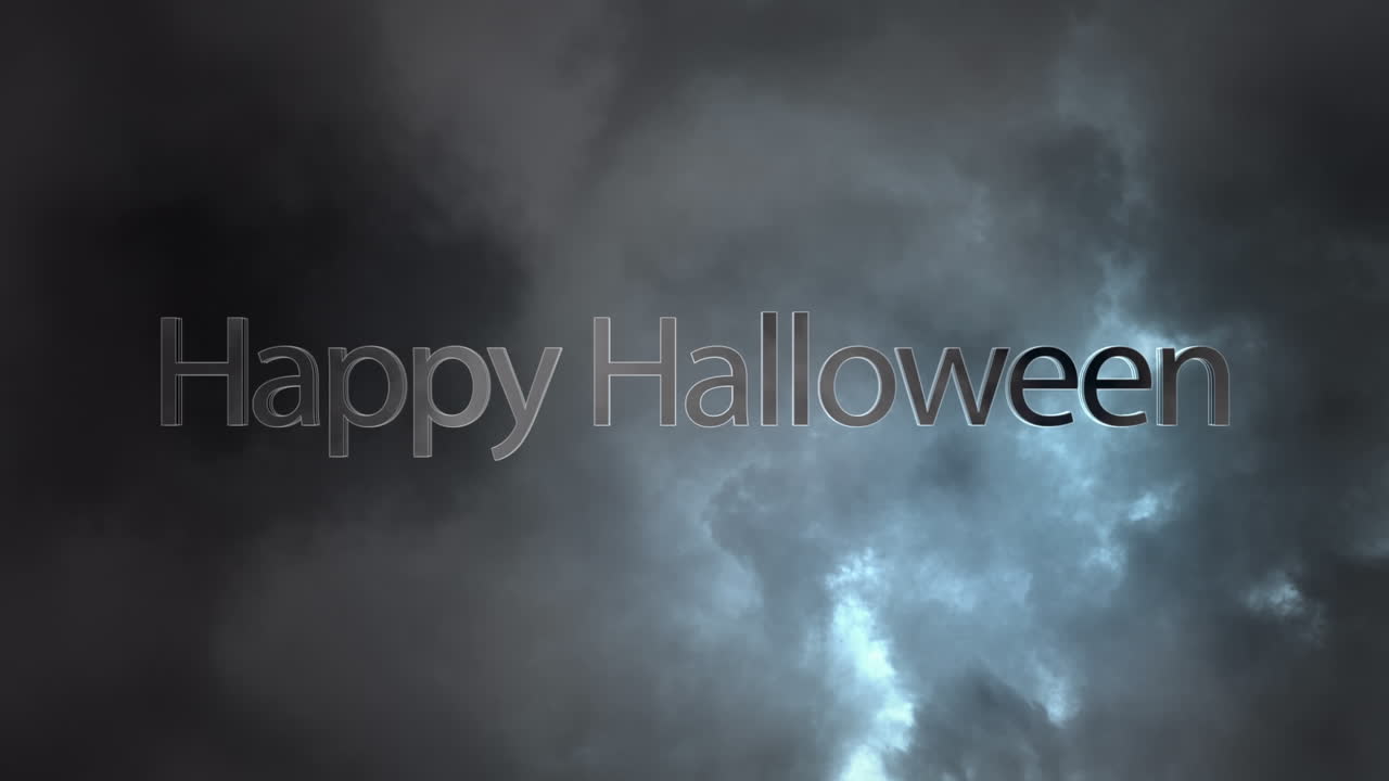 Animasjon av halloweenhilsener over stormfull himmel