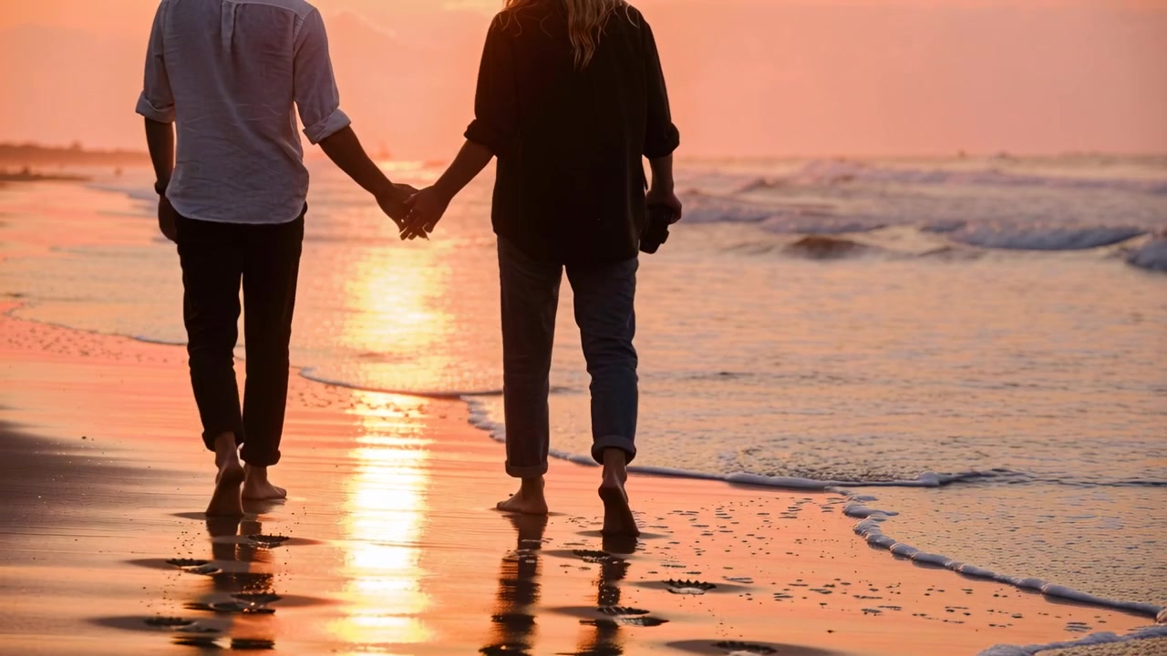 Sun lowering, barefoot couple walking holding shoes, leaving footprints on wet sand watching sunset