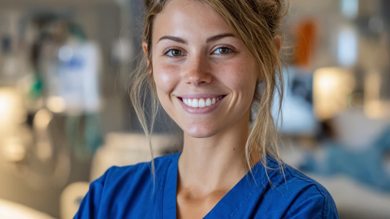 Ein lächelnder Gesundheitsfachmann in Arbeitskleidung strahlt Positivität und Engagement aus und zeigt die mitfühlende Seite medizinischer Teamarbeit in einem klinischen Umfeld.