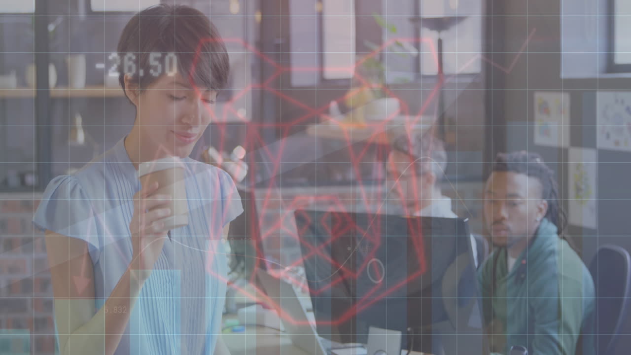 그래프, 숫자, 동물, 다양한 여성 커피를 마시고, 컴퓨터에서 일하는 동료