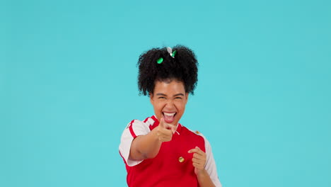 confetti, celebrate and pointing woman excited