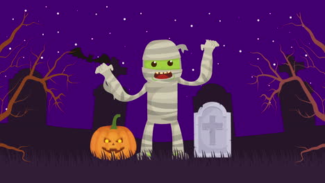 escena oscura de halloween con momia y calabaza en el cementerio
