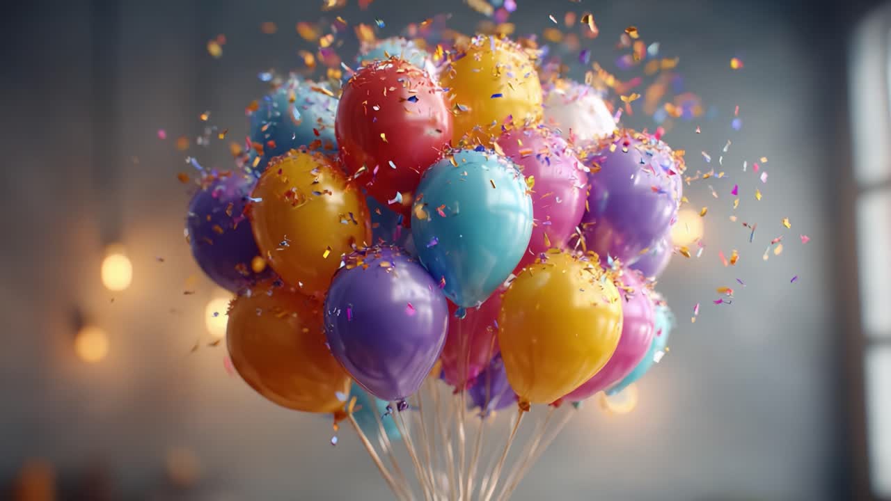 A Vibrant Display of Colorful Balloons Surrounded by Shining Confetti, Perfect for Celebrations and Joyous Occasions, Creating a Festive Atmosphere of Fun and Excitement
