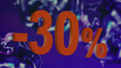 animation of red text, minus 30 percent, over moving liquid purple background