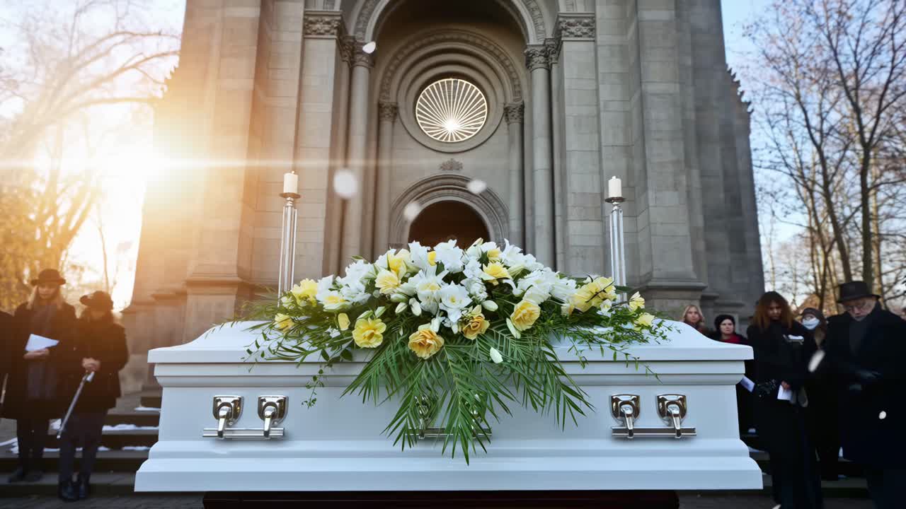 Video girato dal basso di una bara ornata di fiori fuori dall'ingresso di una grande cattedrale