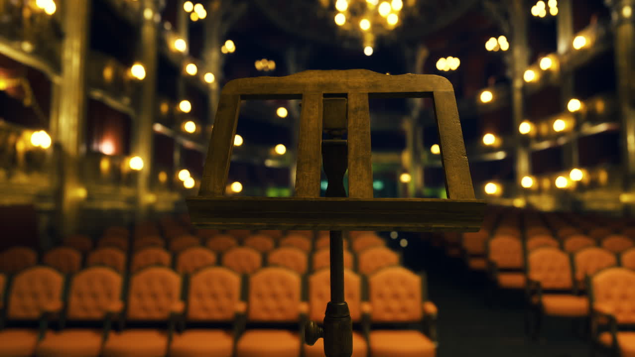 Elegant theater with lit chandeliers and empty seats awaiting guests
