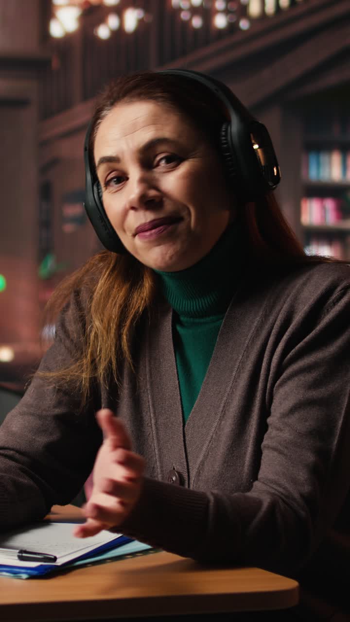 Vertical Video Mature woman attends webinar from a quiet school library