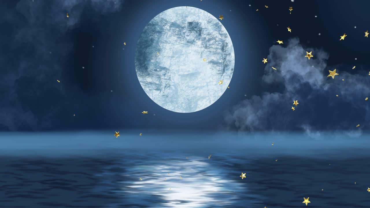Full moon centered while golden stars appearing off-frame and drifting down to create calm shimmer