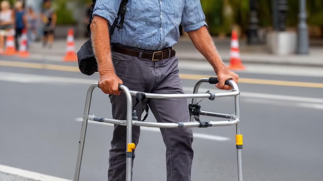 A determined individual navigating the city streets with a walker, showcasing resilience and adaptability in urban mobility for those with mobility challenges