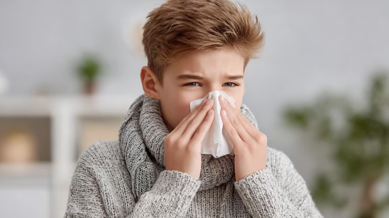 Young boy in a cozy sweater experiences discomfort, holding a tissue with a worried expression, perhaps suffering from a cold or allergies, showcasing vulnerability and health concerns