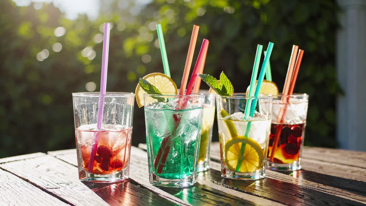 Vibrant summer drinks on a sunlit wooden table, captured at a low angle