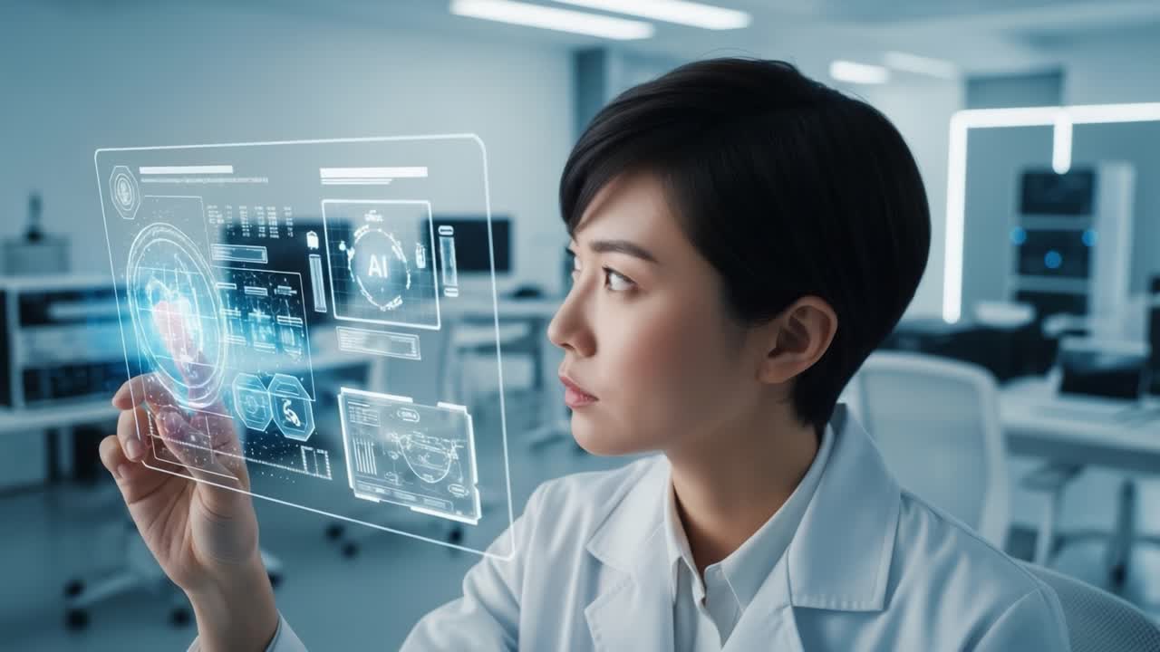 A focused researcher interacts with advanced holographic technology in a modern laboratory setting, showcasing innovations in artificial intelligence and data analysis.