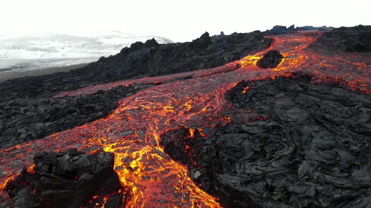 Lava Flow from a Volcano in Winter Landscape