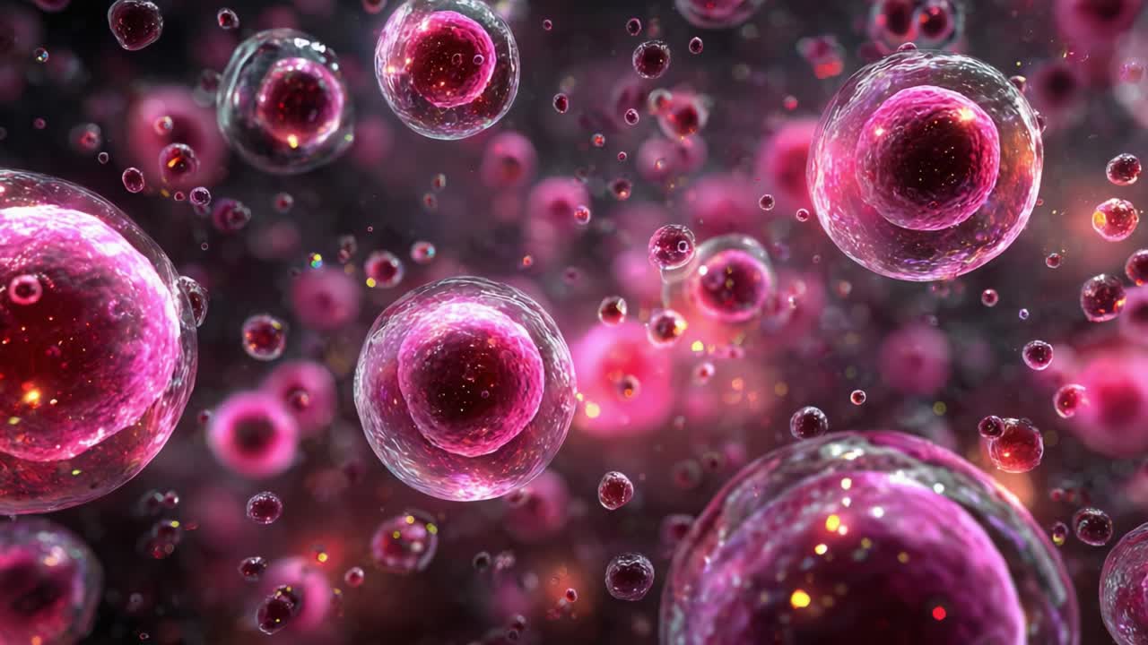 Close-Up Visuals of Microscopic Pink Cells Floating in a Vibrant Background, Illustrating the Intricacies of Cellular Structures and Their Environments