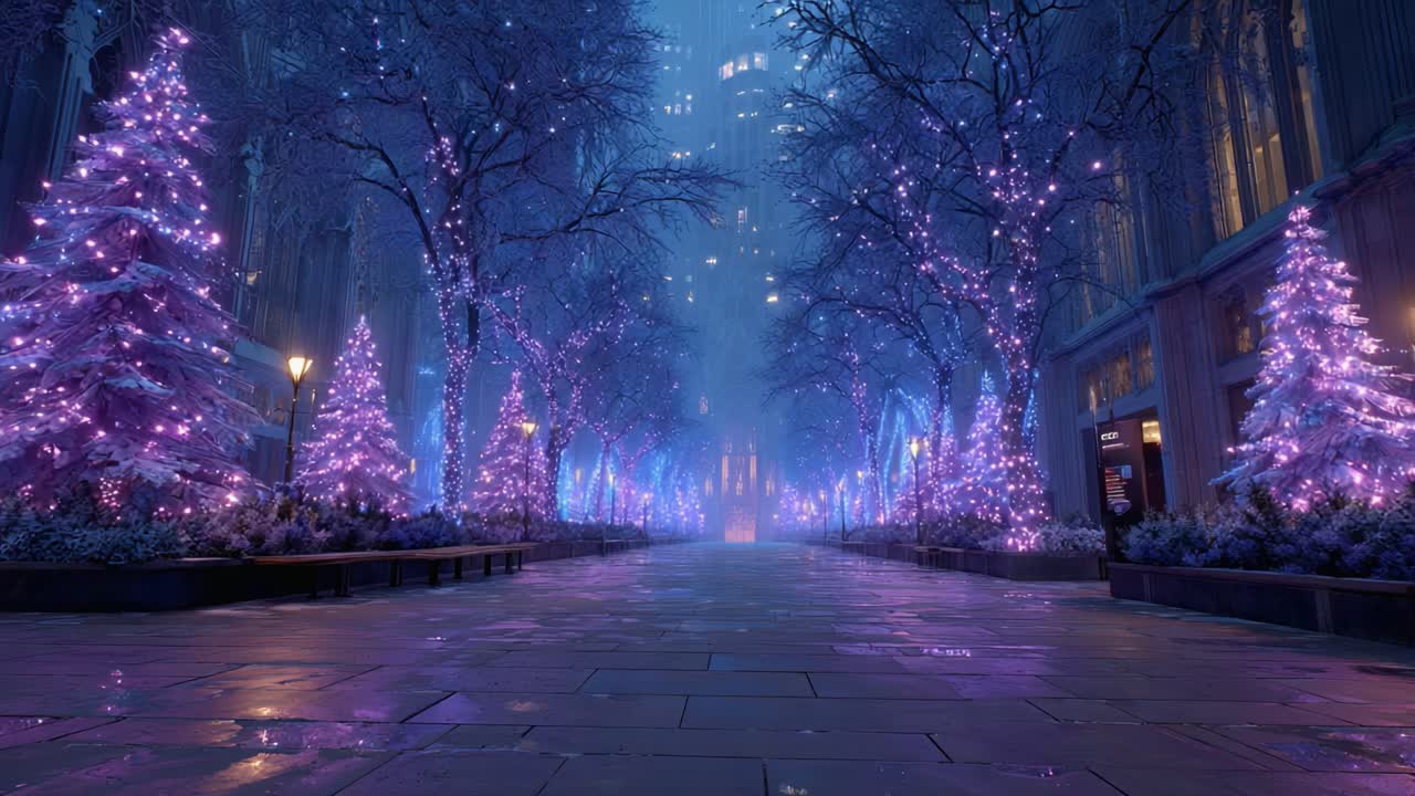 Um país das maravilhas mágico de inverno: cena encantadora com árvores de Natal roxas cintilantes iluminando um caminho urbano sereno à noite