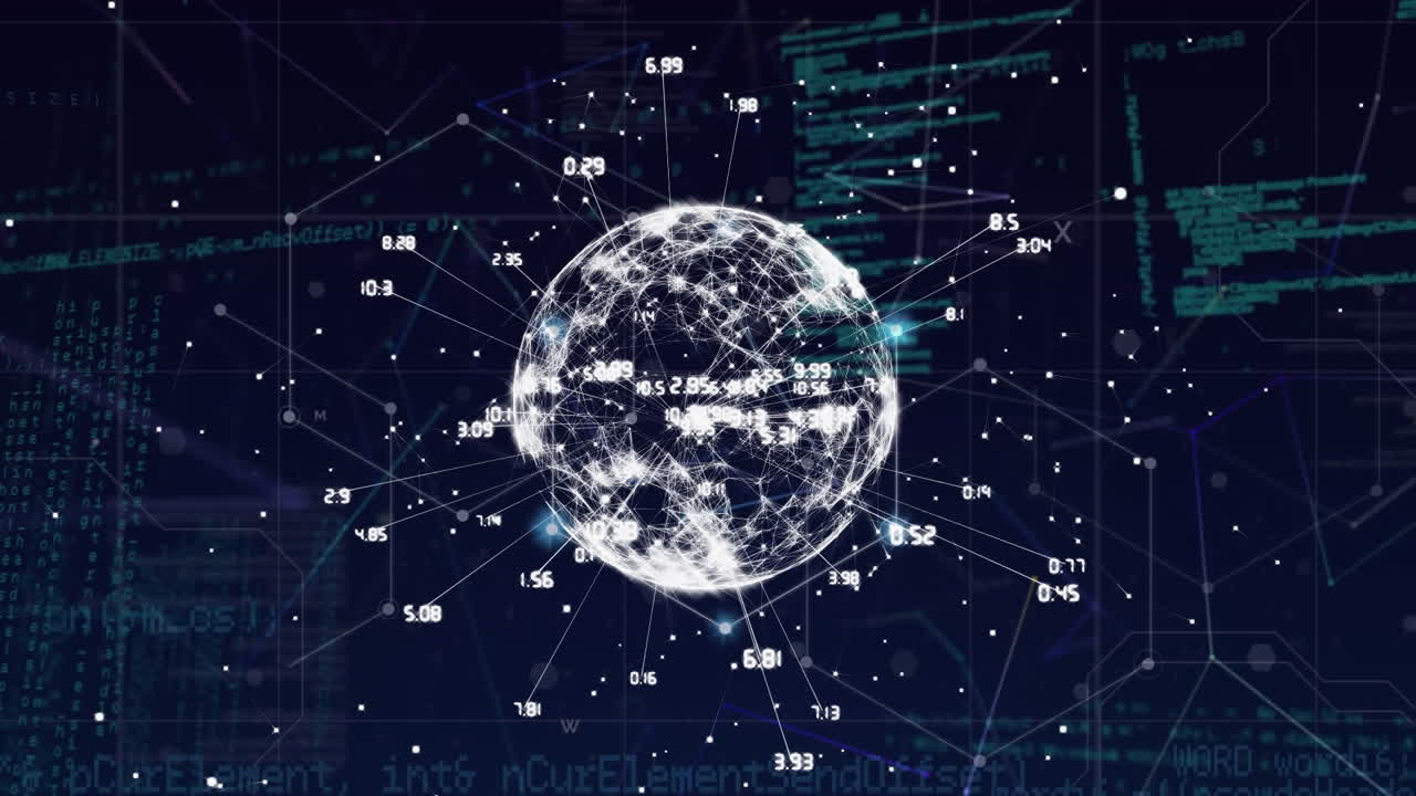Animation of globe with connections and data processing on black background