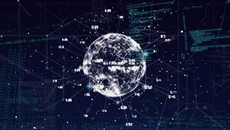 animación del globo con conexiones y procesamiento de datos en fondo negro.