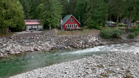 drone shot of multiple private cabins lining the bank of the skykomish river