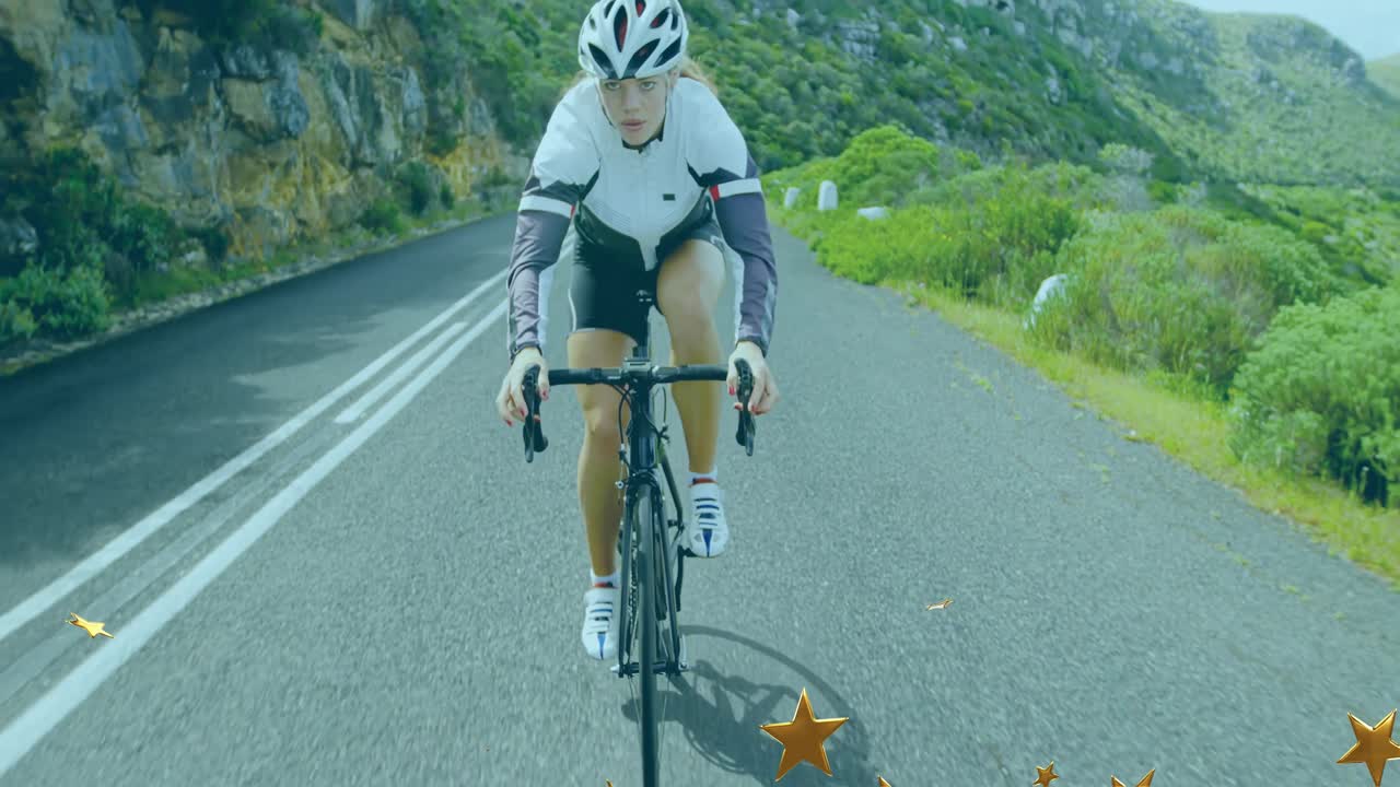 Ciclista donna che pedala su una strada di montagna, con stelle dorate scintillanti che vorticano attorno alla ruota, mostrando la forma fisica