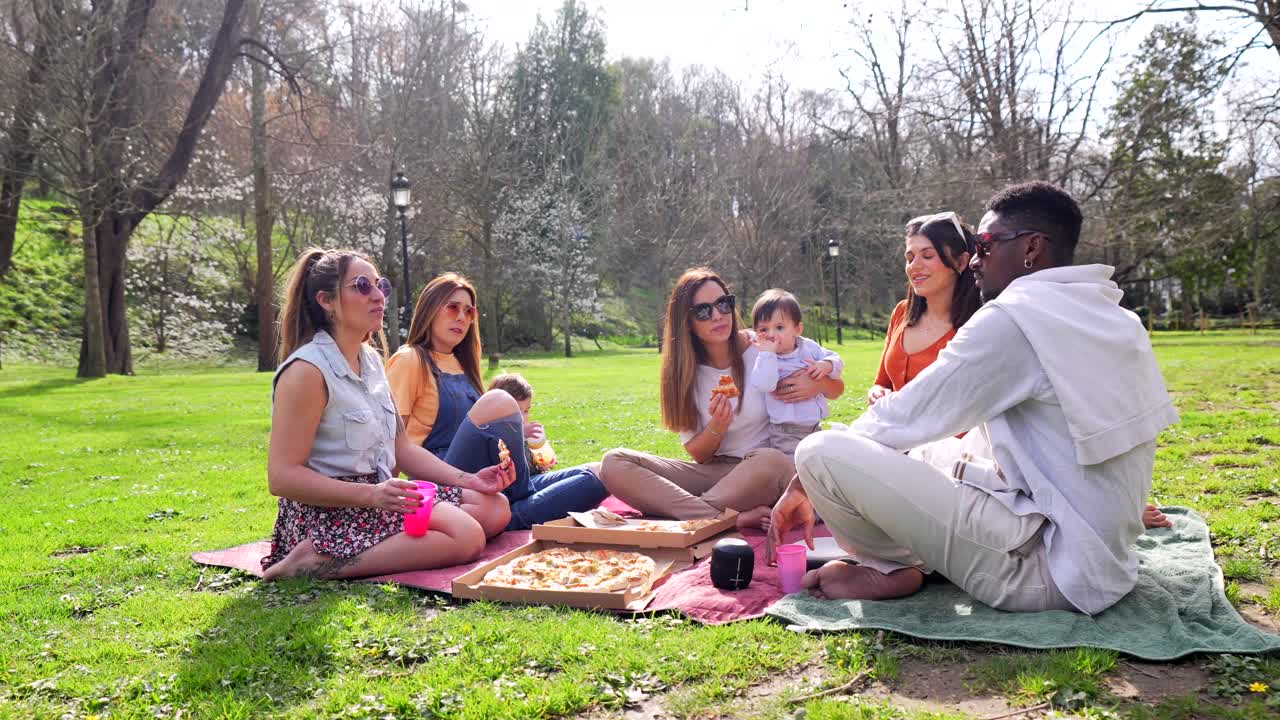 Group of friends and family having a picnic in the park