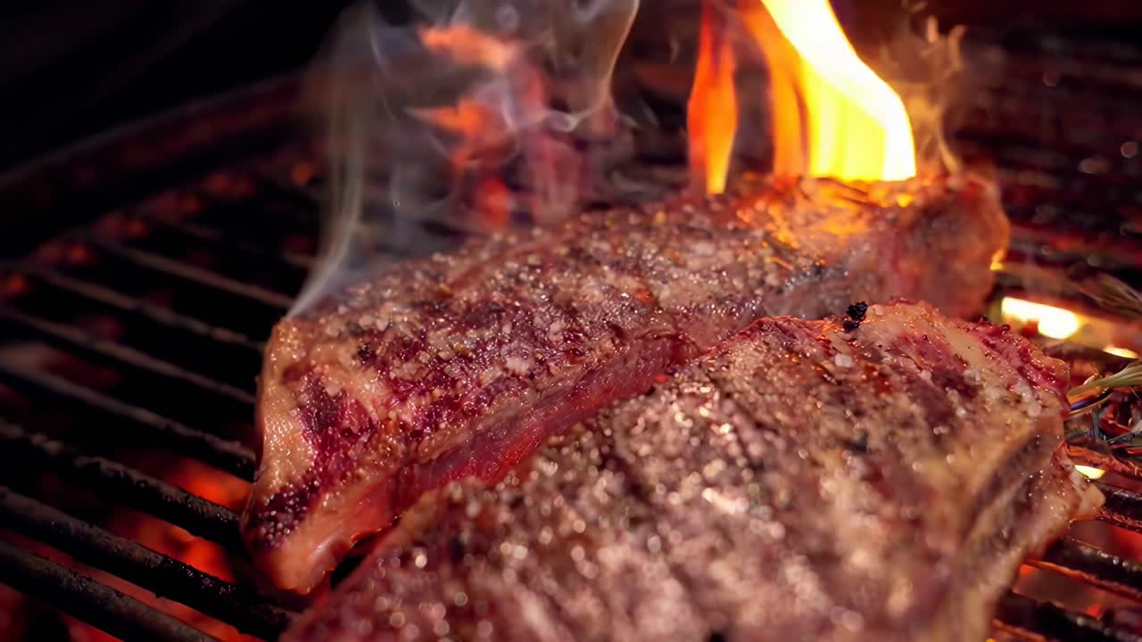 Close-up video of sizzling steaks on a grill, capturing the intense flames and savory details