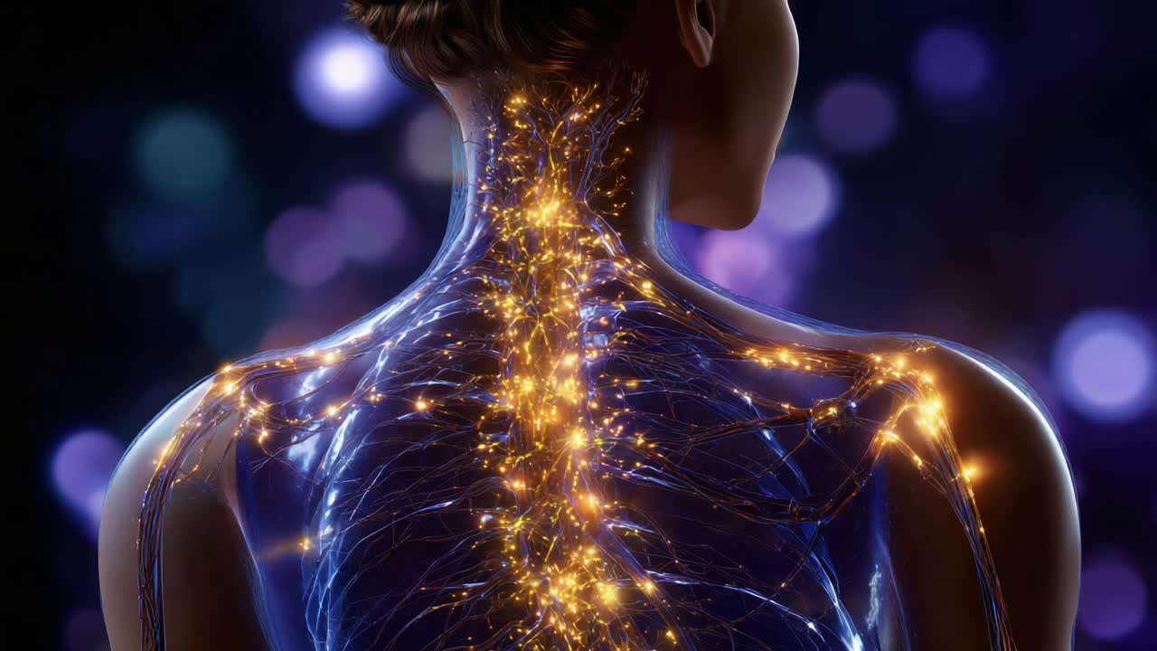A mesmerizing visualization of the human nervous system, showcasing the intricate network of neurons and synapses glowing with vibrant energy, illustrating the complexity and beauty of our biological wiring