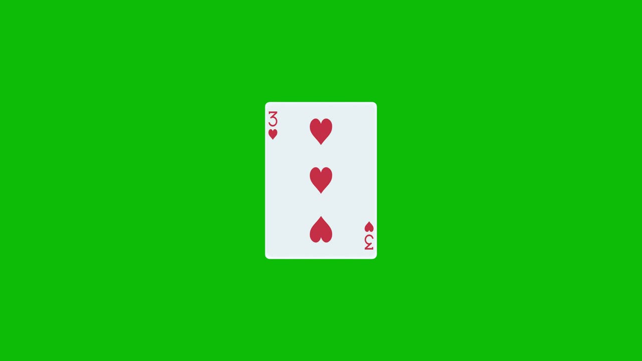 Una carta da poker con tre cuori che gira e si rivela su schermo verde, animazione 3D. Puoi modificare la tempistica della clip per controllare l'effetto rivelazione.