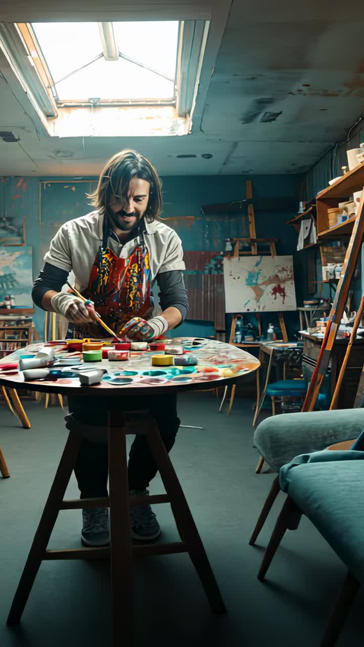 Vertical video: Picking brush, artist in stained apron mixing paint at skylit roundtable to paint