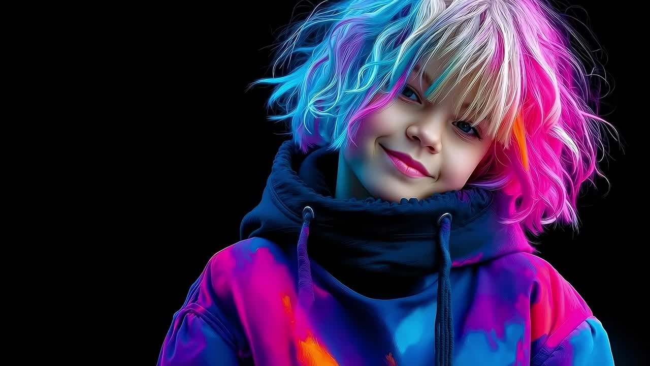A little girl with colorful hair smiles at the camera