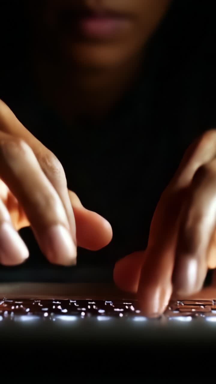 Focused hands typing on a backlit keyboard, conveying a sense of concentration and technology interaction in a dimly lit environment