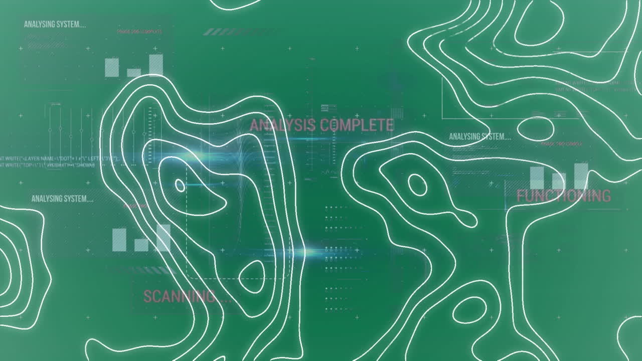 animación de isohypses sobre pantalla digital con datos en fondo verde