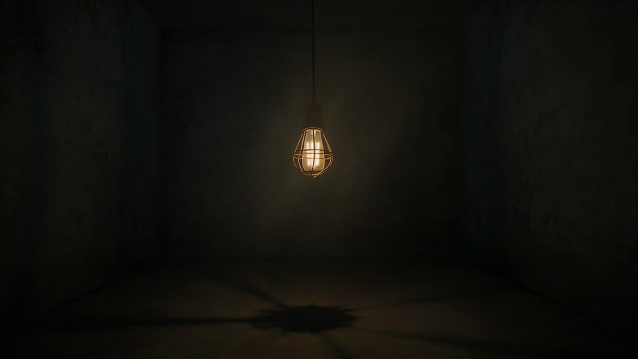 Flickering metal-caged bulb dimming, pulsing, brightening across empty concrete chamber, copy space