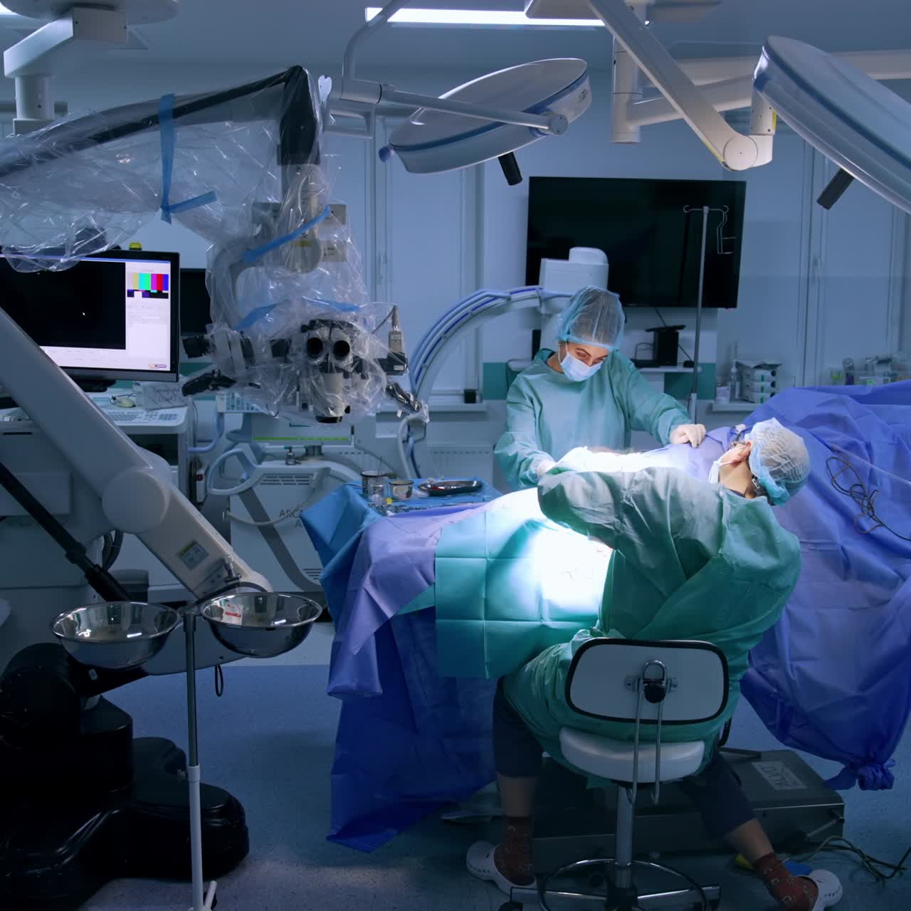 Rear view of a surgeon sitting near the patient in modern well-equipped surgery room. Female nurse stands on the other side of the person under operation