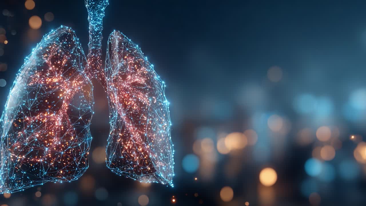 Una straordinaria visualizzazione dei polmoni che raffigura l'intricata rete del sistema respiratorio umano, illuminata in un cosmo digitale di luci e colori