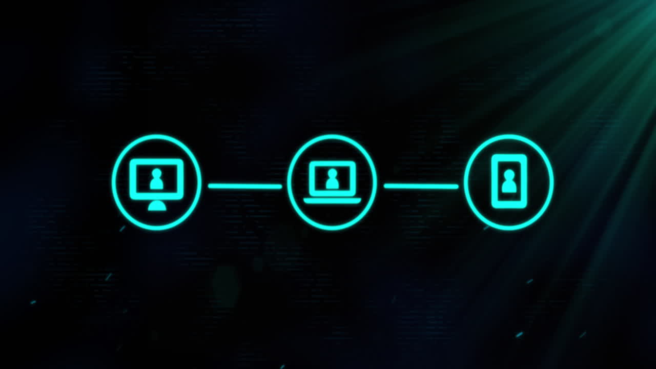 Animation of three green digital computer interface icons on glowing green background