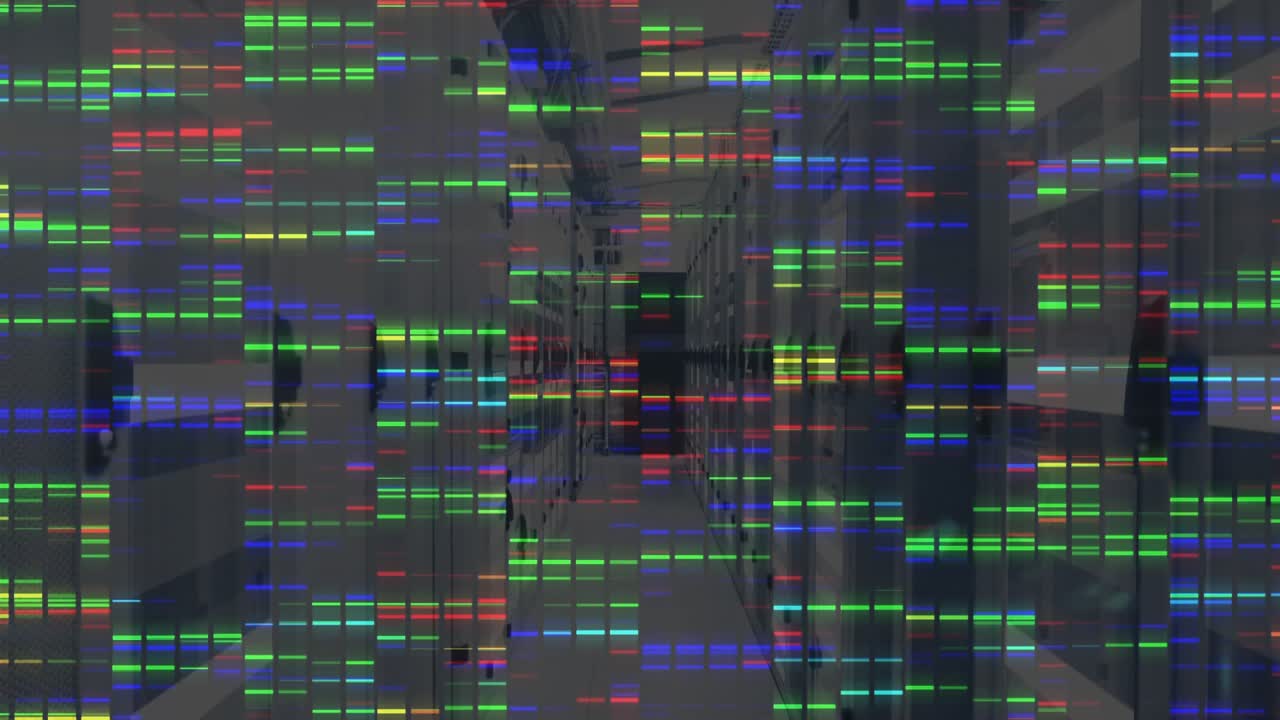 Digital glitch overlay repeating RGB bars obscuring corridor pillars to simulate malfunction
