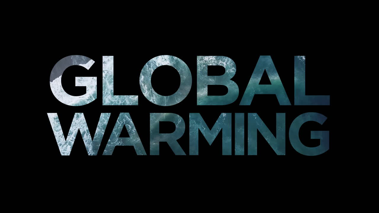 Global warming graphic with ocean waves inside the text