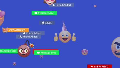 animación de múltiples textos en barras y múltiples emojis contra un fondo azul