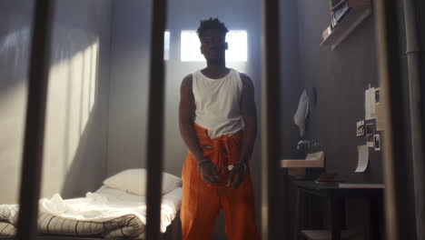 portrait of black inmate with hands cuffed standing in prison cell