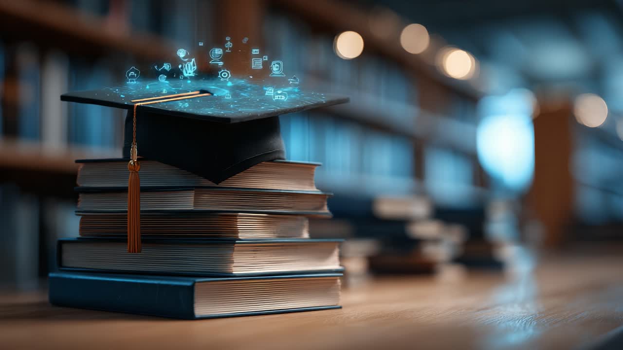 Un tocco da laureato sopra una pila di libri, a simboleggiare la conoscenza e l'apprendimento in un ambiente accademico con elementi digitali che illustrano l'istruzione moderna