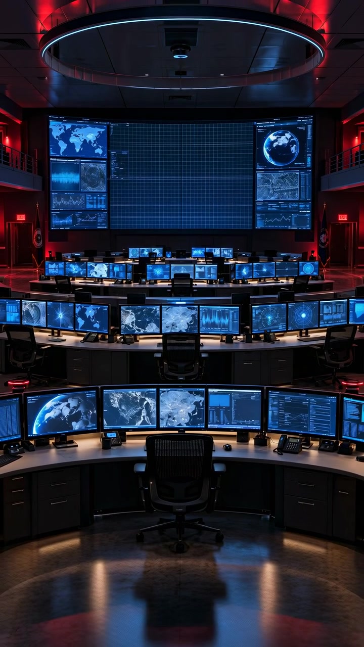 Large wall display changes from geographic graphics to a blank grid as numerous desktop screens remain active across curved consoles in an unoccupied, dimly lit operations room.