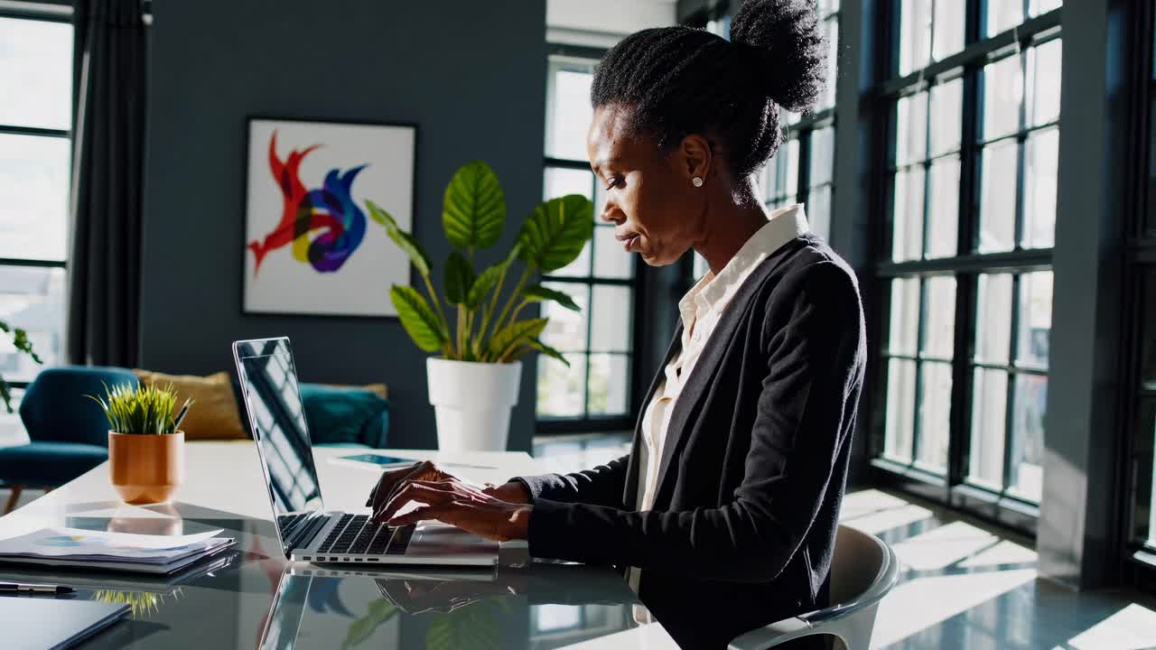 A professional woman works on a laptop in a modern office