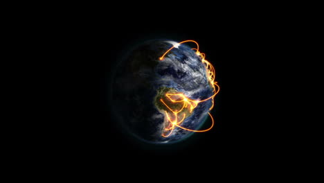 zoom de una red naranja en una tierra sombreada con nubes en movimiento con la imagen de la tierra cortesía de la nasa.