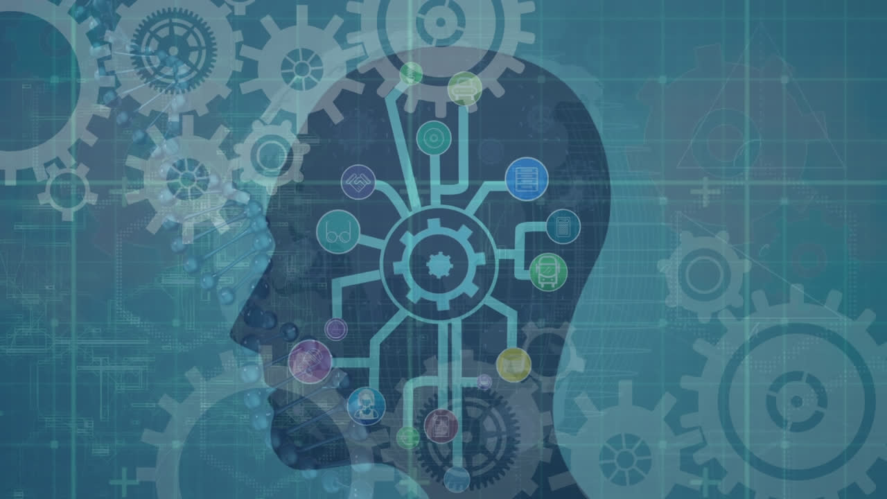 인간 머리 모델 위에 디지털 아이콘의 네트워크를 회전하는 아이콘 설정 애니메이션