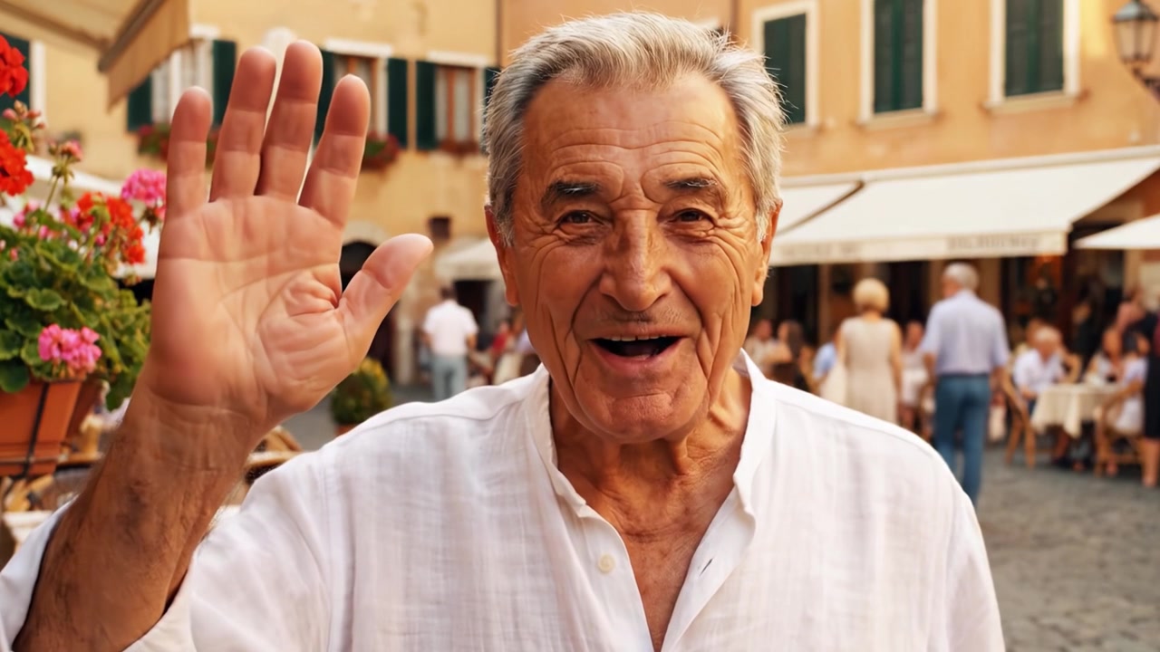 Un sorriso caloroso illumina un'incantevole piazza piena di vita, dove momenti di svago e interazioni gioiose creano una scena pittoresca sotto il sole