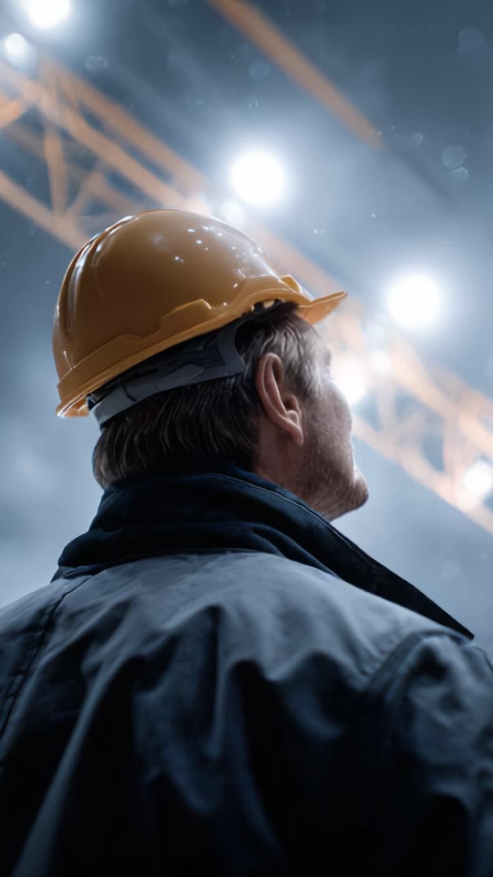 A Construction Worker in a Hard Hat Observes Progress Under Bright Lights, Emphasizing Safety and Commitment to Quality in a Dynamic Work Environment