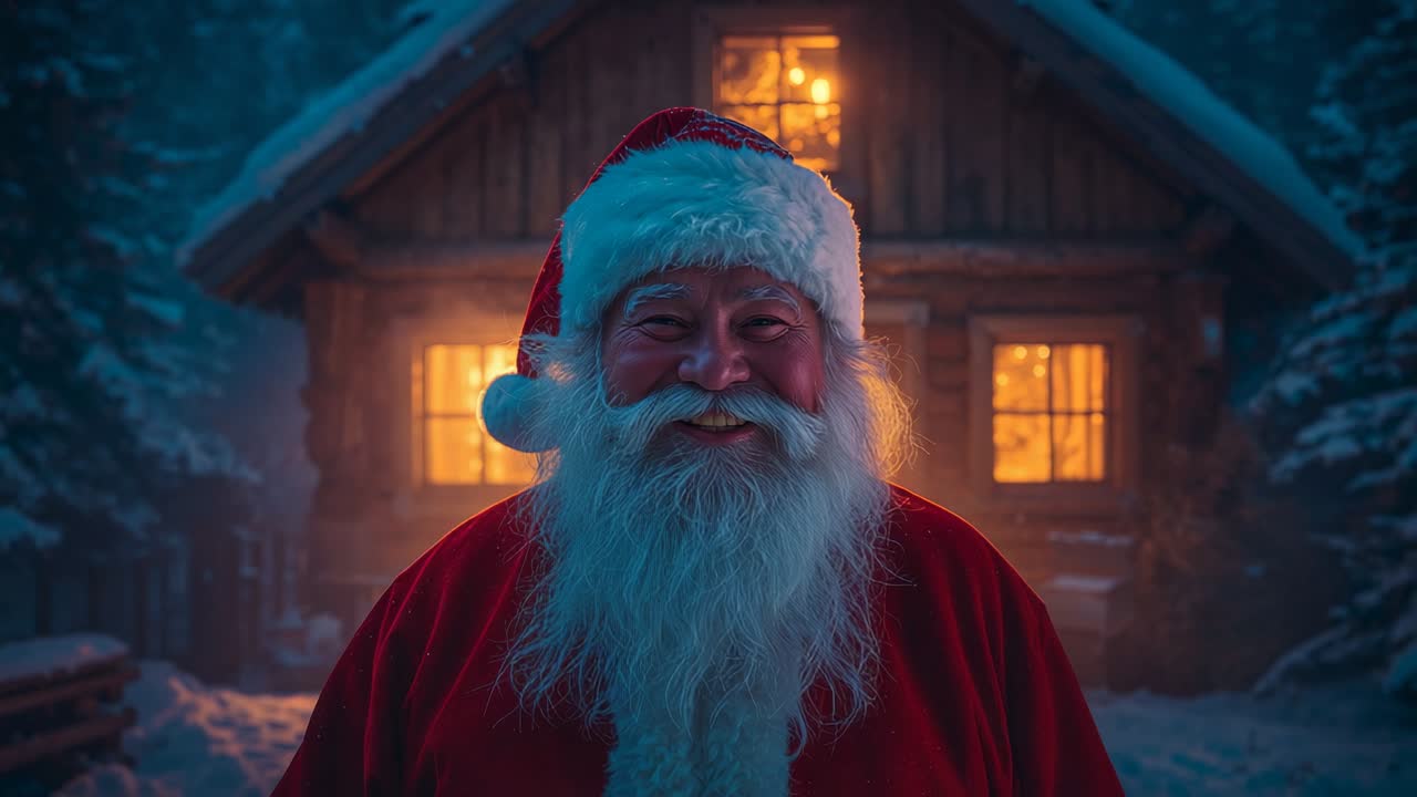 Reacting to cabin windows flickering, Santa Claus in red coat smiling and nodding in snowy forest
