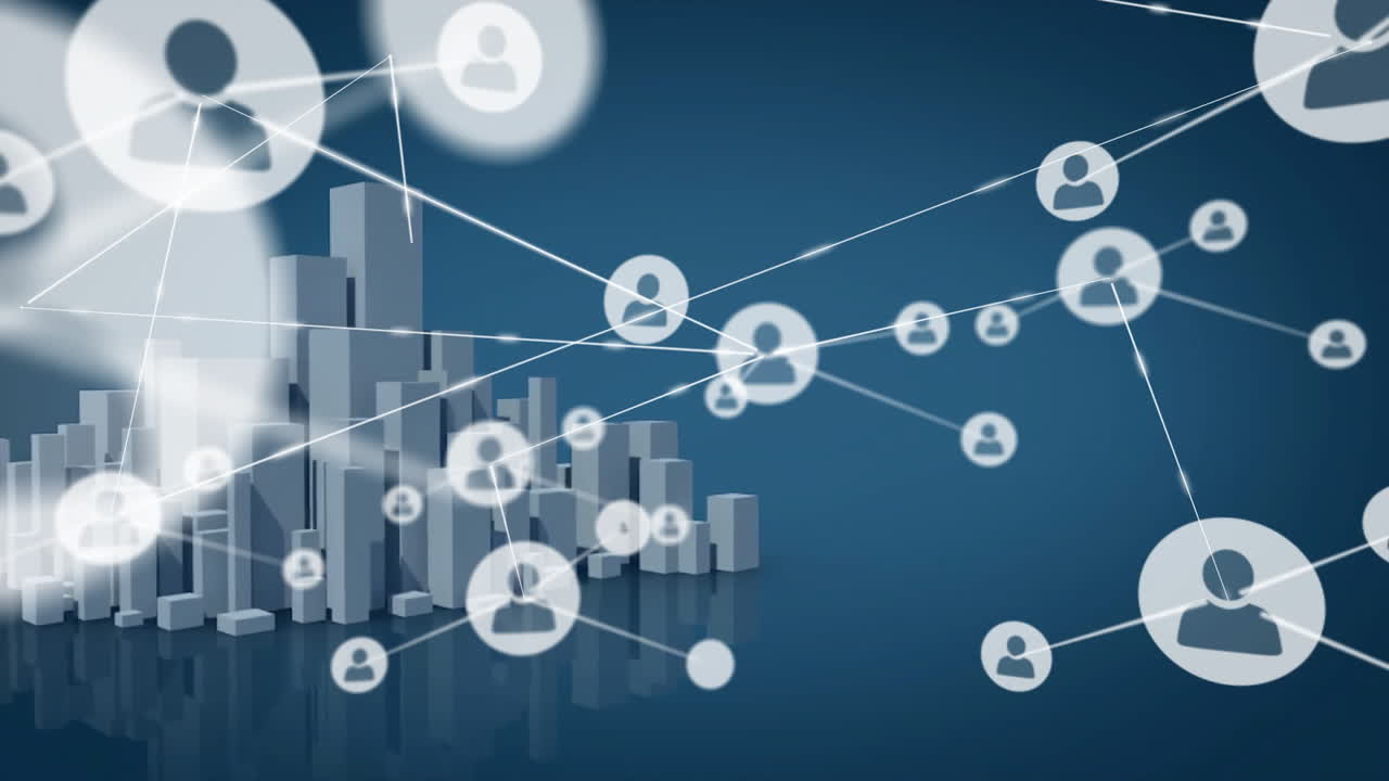 Network of connected user icons animation over cityscape