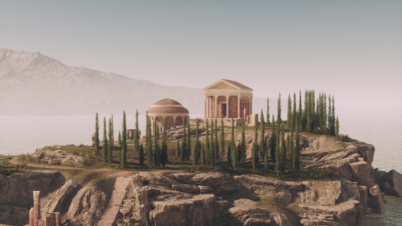 해가 지면 평온 한 물 을 내려다보는 고대 로마 사원 의 폐허