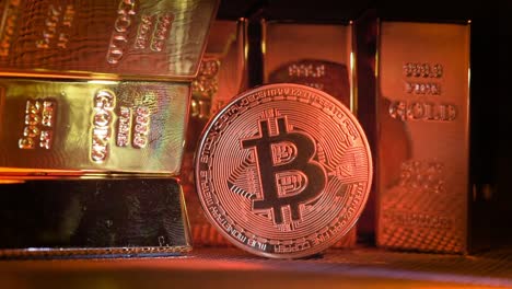 bit coins stands in front of many golden bricks or blocks and colorful bulb lights on